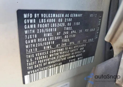 2012 Volkswagen Tiguan S из США, поврежденный, VIN WVGAV7AX6CW587148